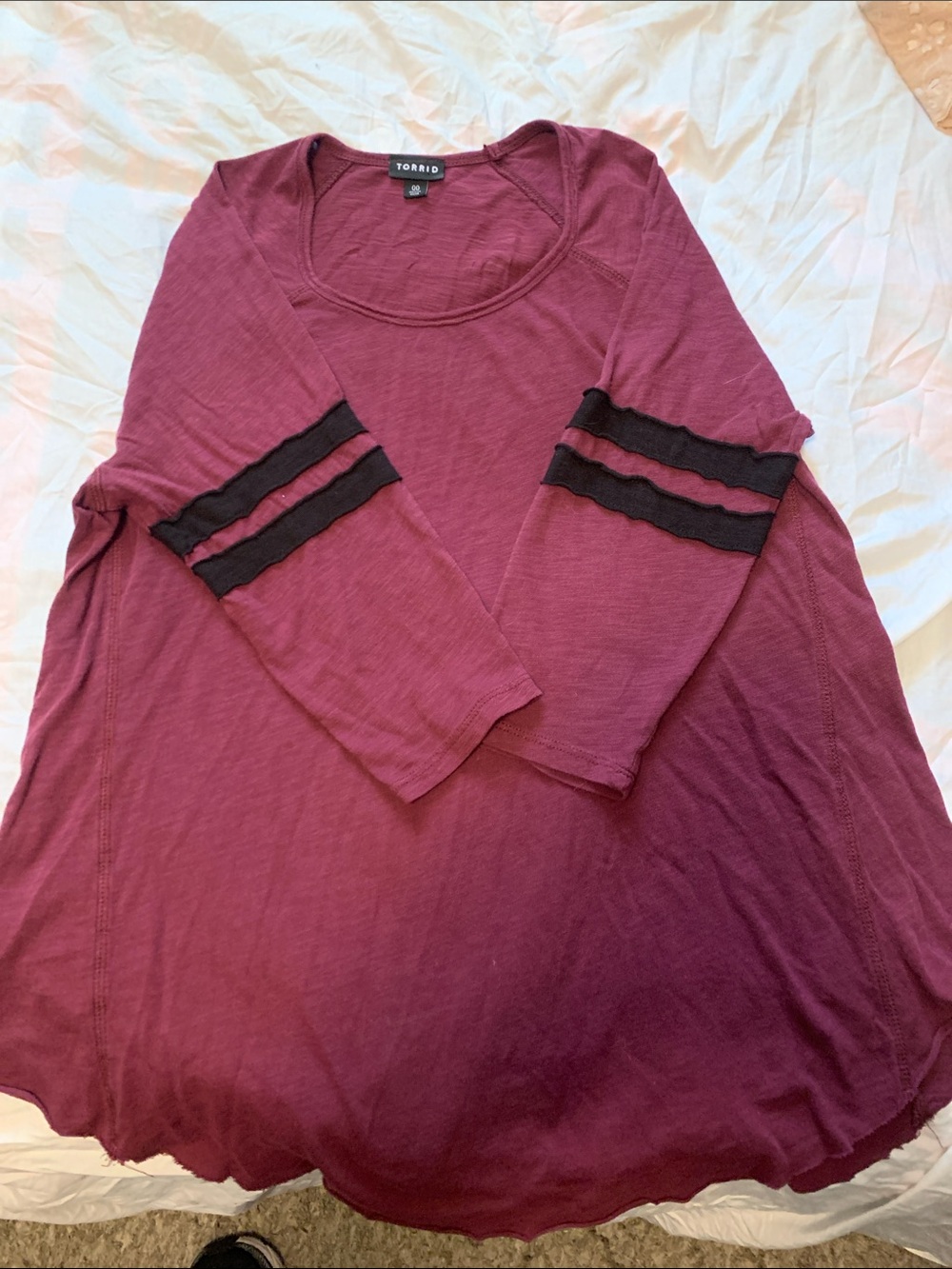 torrid Burgundy Scoop Neck Tunic with Black Sleeve Stripes